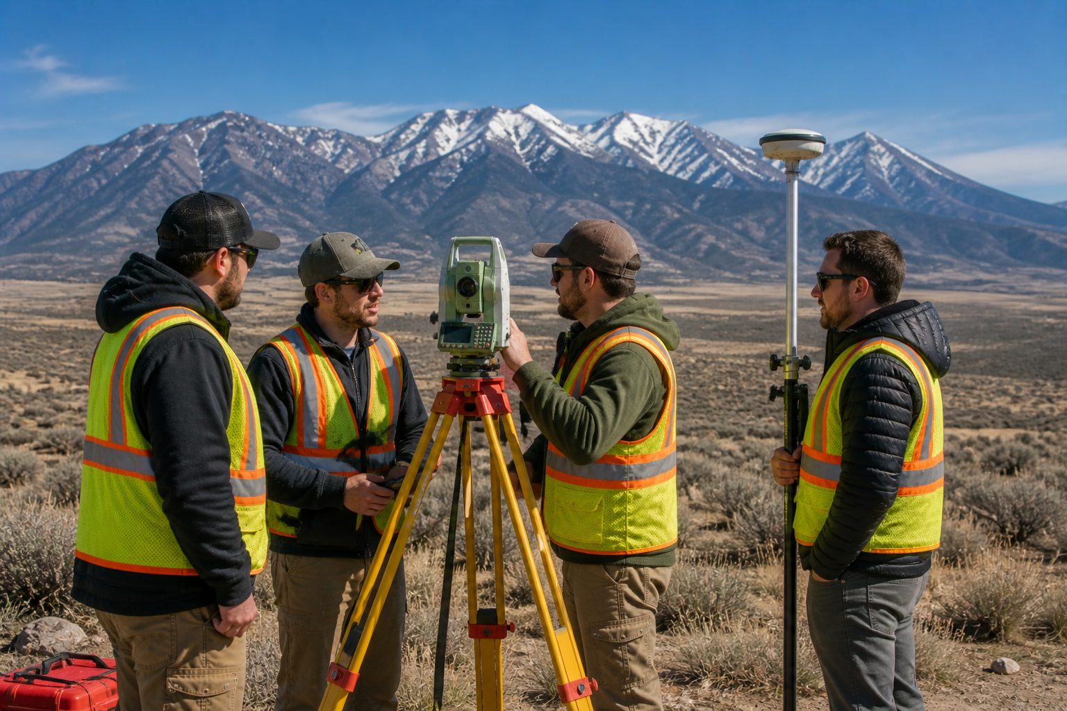 How Many Types of Surveyors Are There? Different types of surveyors working together with survey equipment in a Utah landscape