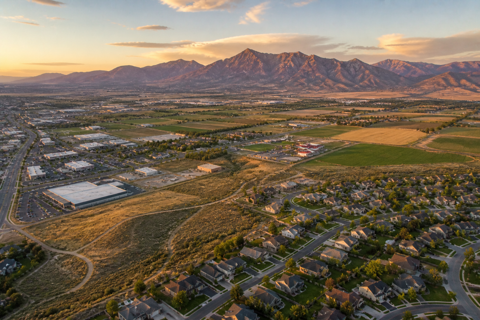 What Are the 4 Main Types of Land Use? Aerial view of Utah landscape showing the 4 main types of land use including residential commercial agricultural and industrial areas