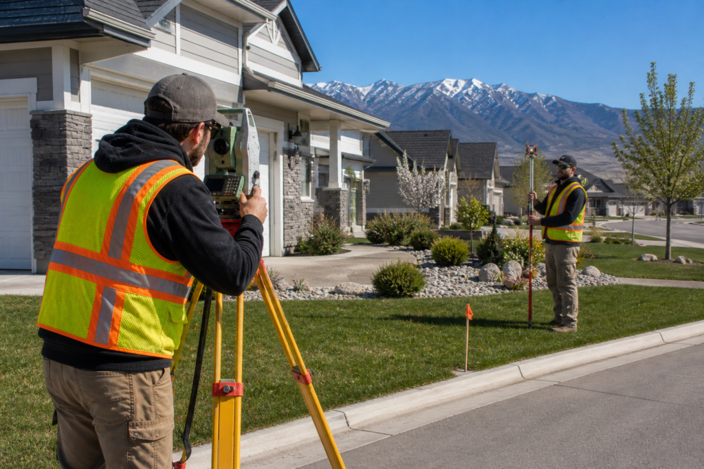 Licensed land surveyors performing a boundary survey on a residential property in Utah