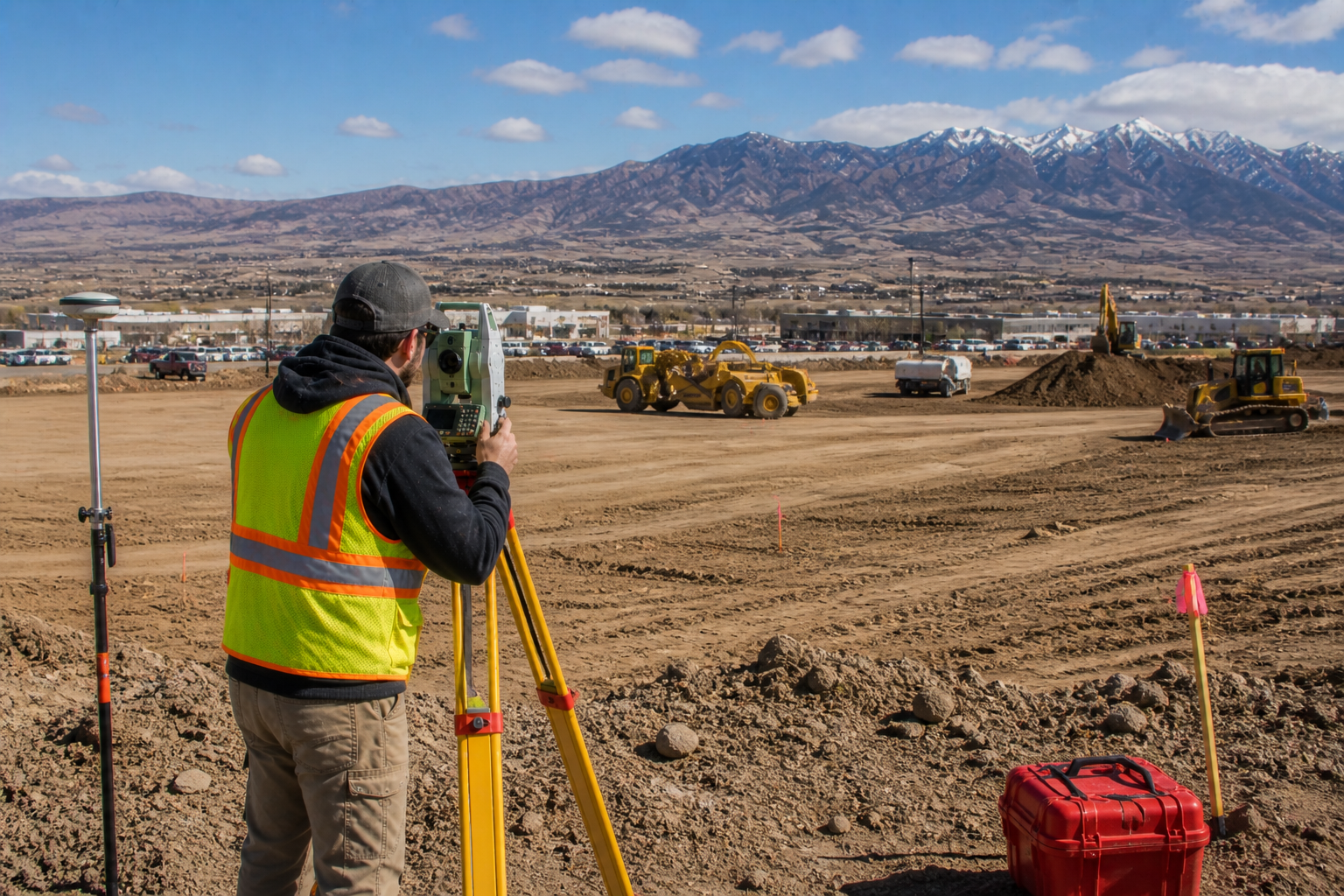 Which Survey Method Is the Most Expensive? Professional land surveyor using advanced equipment on a large commercial survey site in Utah showing why some survey methods are the most expensive
