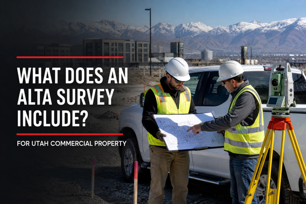 Professional surveyor reviewing an ALTA survey map at a Utah commercial development site