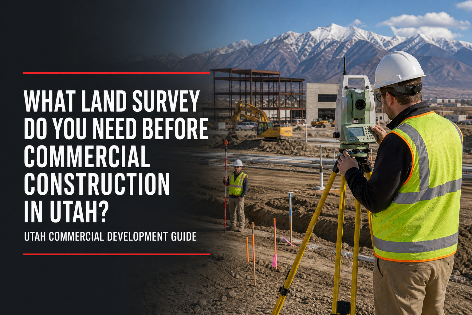 Surveyors using a total station to prepare a Utah commercial construction site