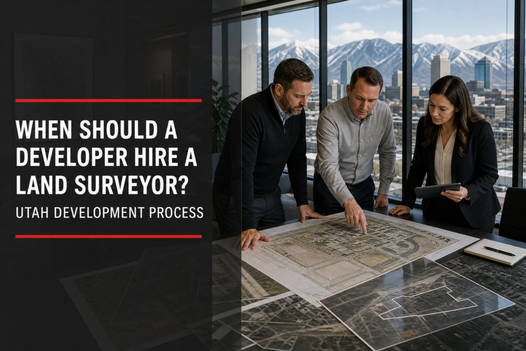 Utah commercial development team reviewing a site plan before surveying and design
