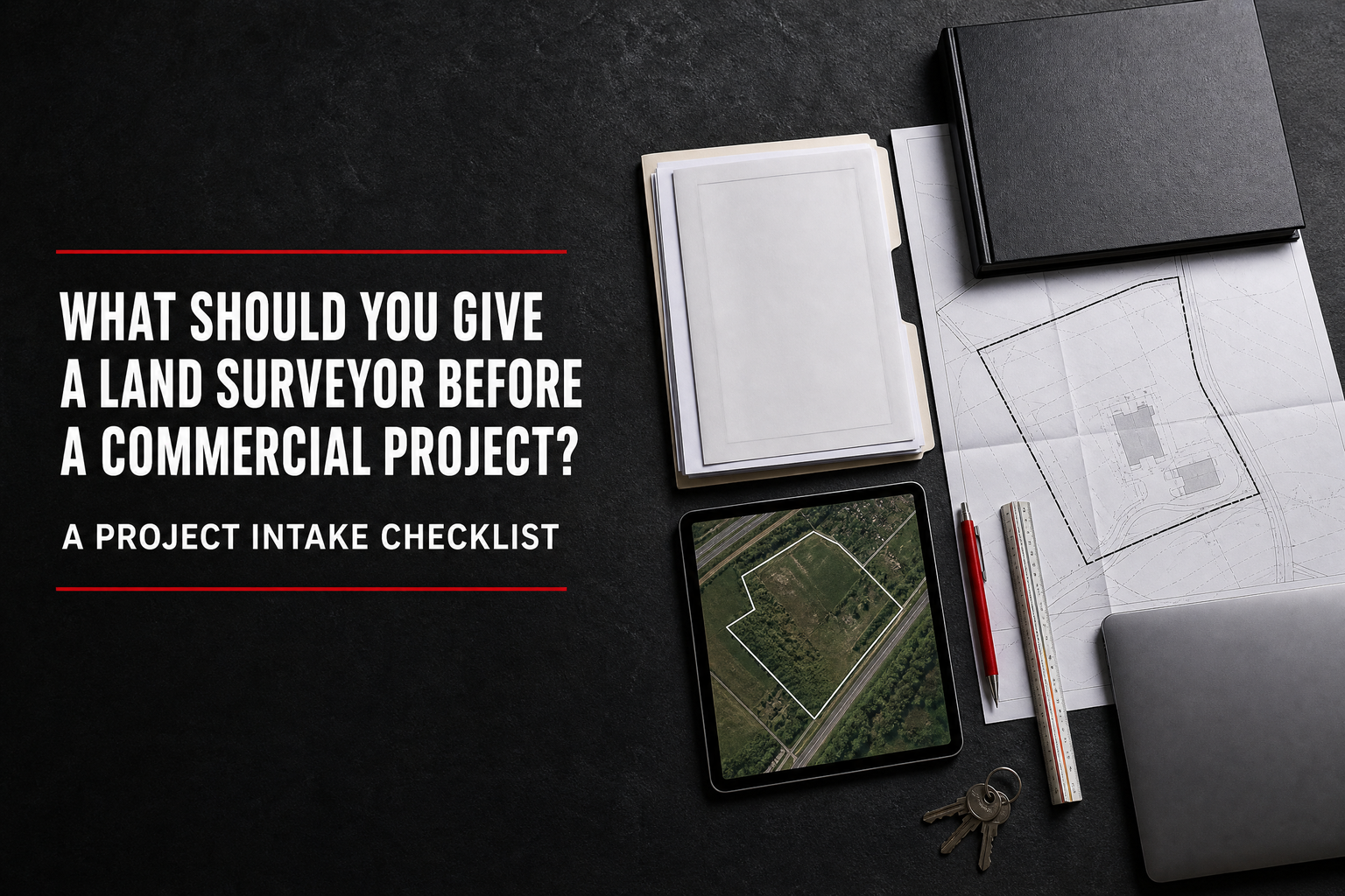 Organized commercial survey project intake package with title documents, site plans, and land records